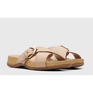 Clarks Reileigh May Slide Sandals Tan Leather Buckle Espadrille Womens 8.5 M NEW